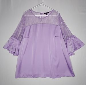 Roaman's Top 24W Purple Satin Lace Ruffle Bell Elbow Sleeve Keyhole Blouse NEW